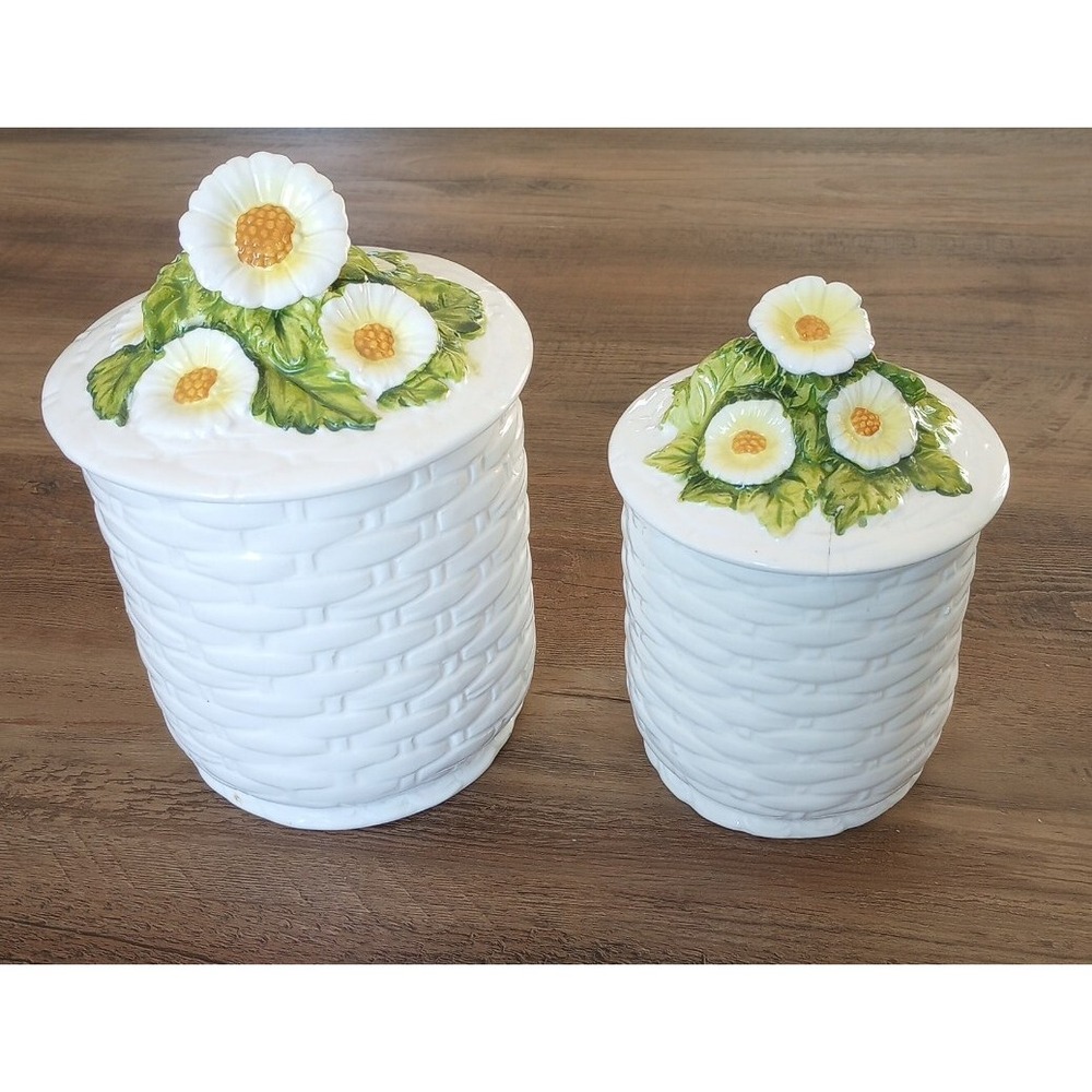VTG 70s Set Of 2 Geo Z. Lefton Daisy Ceramic Lidded Canisters Pattern#4115 Japan
